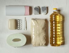 Layout On A Light Background Of High-demand Items Toilet Paper, Soap, Antiseptic, Tablets, Flour, Shampoo, Tea Stock Image