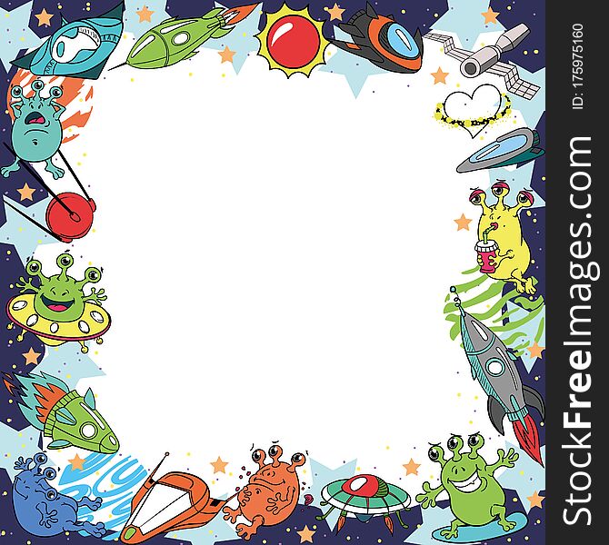 Cute funny square space color photo frame, with aliens, on the surf , in a flying saucer, with a glass, flying, with spaceships, satellite, vector.