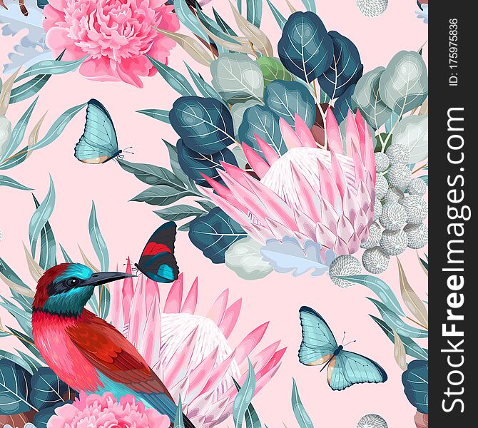Vector seamless pattern with high detailed bee-eaters and protea. Vector seamless pattern with high detailed bee-eaters and protea