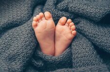 Newborn Baby Feet Covered In Grey Knitted Blanket Royalty Free Stock Photography