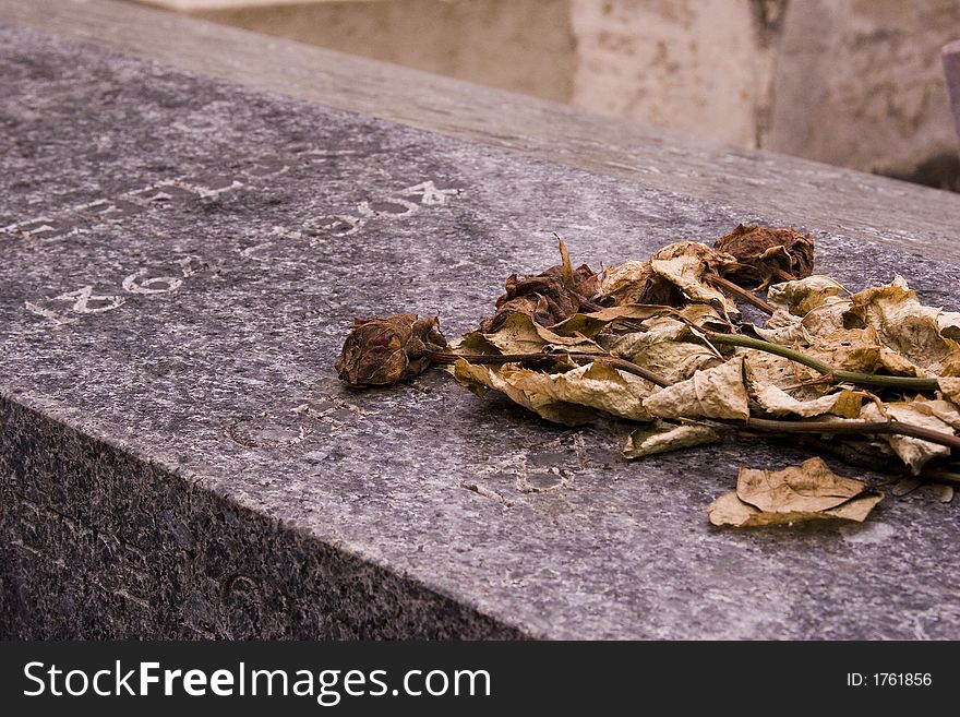 Smooth marble grave stone with dried roses. Smooth marble grave stone with dried roses