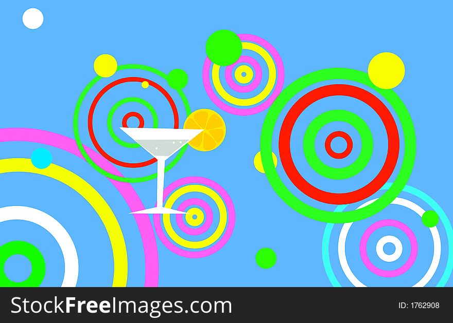 Drink with bubbles circles and spots in the blue sky