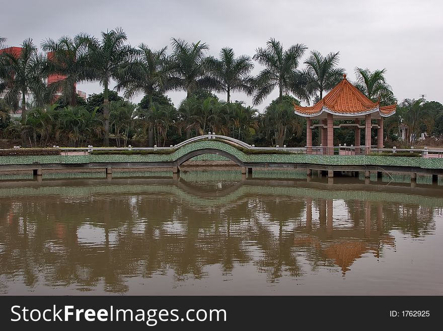 Winter park with lake and the Chinese pagoda. Winter park with lake and the Chinese pagoda