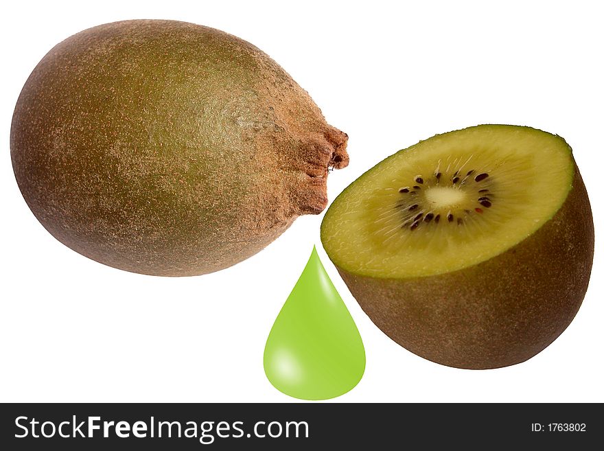 Kiwi with slice and juicy drop over white background . Kiwi with slice and juicy drop over white background .