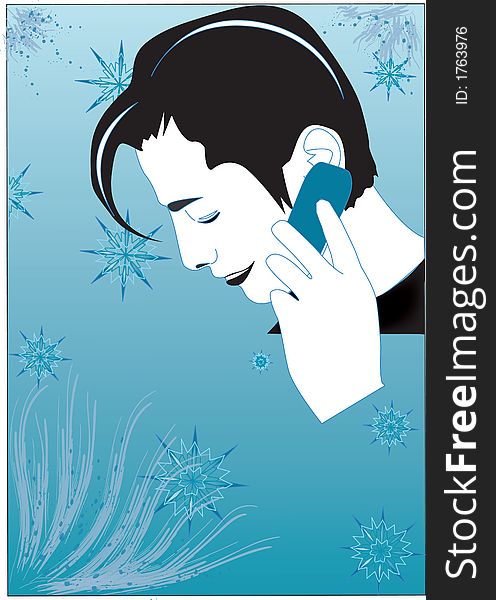 A man is talking on the phone on a blue winter background. A man is talking on the phone on a blue winter background