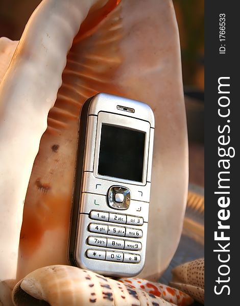 Modern silver cellphone mobilephone with big seashell in warm sunset light. Modern silver cellphone mobilephone with big seashell in warm sunset light.