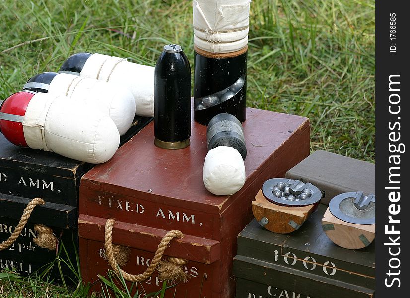 Ammo boxes and cannonballs of American civil war at reenactment