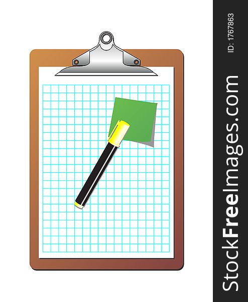 Clipboard with checkered sheet of paper, one post it note and one yellow highlighter marker over white background. Clipboard with checkered sheet of paper, one post it note and one yellow highlighter marker over white background
