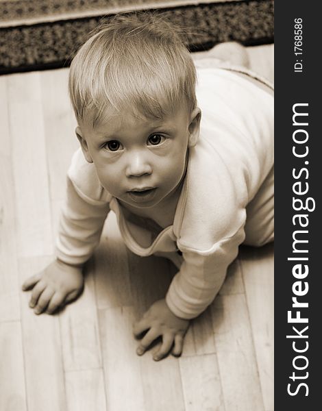 Cute little boy on the warm wooden floor looking into camera. Sepia