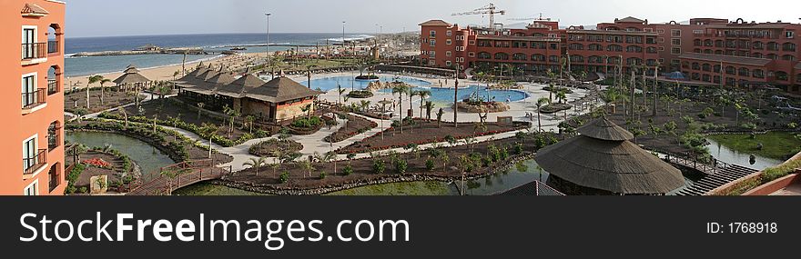 Hotel resort in Fuerteventura, Canary Isles, Spain - panorama of gardens and pools. Hotel resort in Fuerteventura, Canary Isles, Spain - panorama of gardens and pools