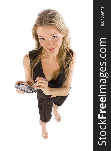 Headshot of young woman with palmtop. White background, in studio. Headshot of young woman with palmtop. White background, in studio.