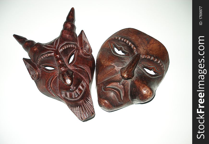 Evil Satanic set of Masks, wood, scary. Evil Satanic set of Masks, wood, scary