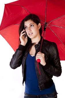 Woman On Phone Looking Up Umbrella Stock Photos Woman On Phone Looking Up Umbrella Stock Photos