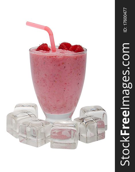 Smoothie raspberry, drink with fruit and ice cube against white background