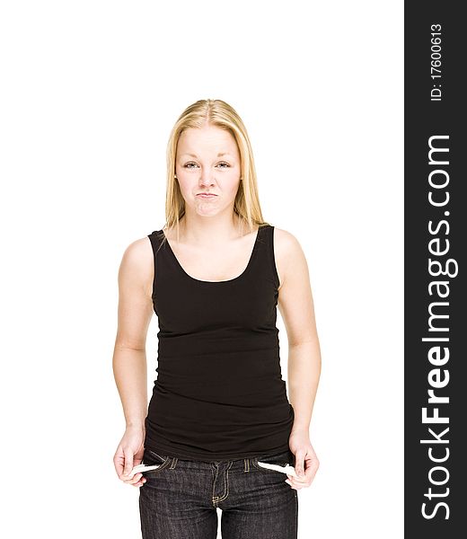 Sad woman with empty pocket isolated on white background