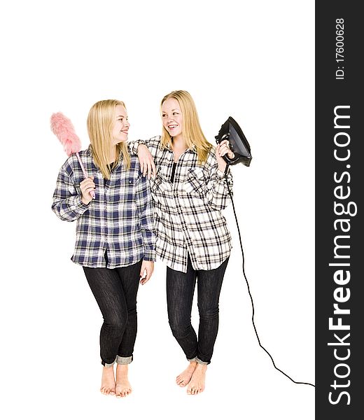 Two women with Housework equipment. Two women with Housework equipment