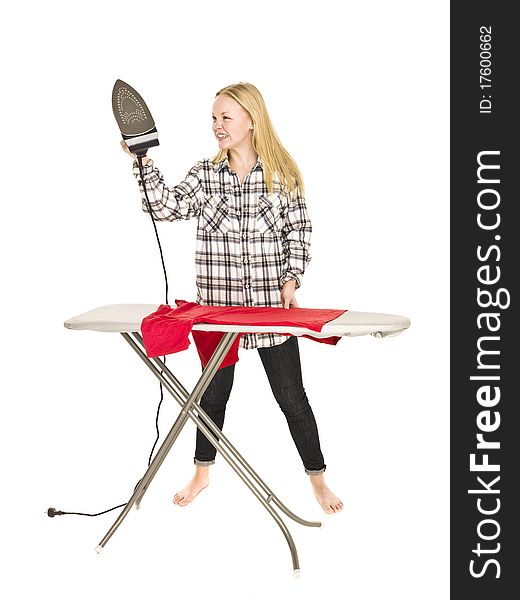 Angry Housewife ironing isolated on white background