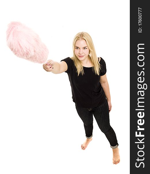 Woman with a duster isolated on white background