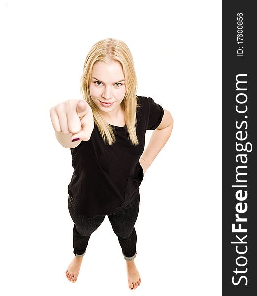 Young woman pointing isolated on white background