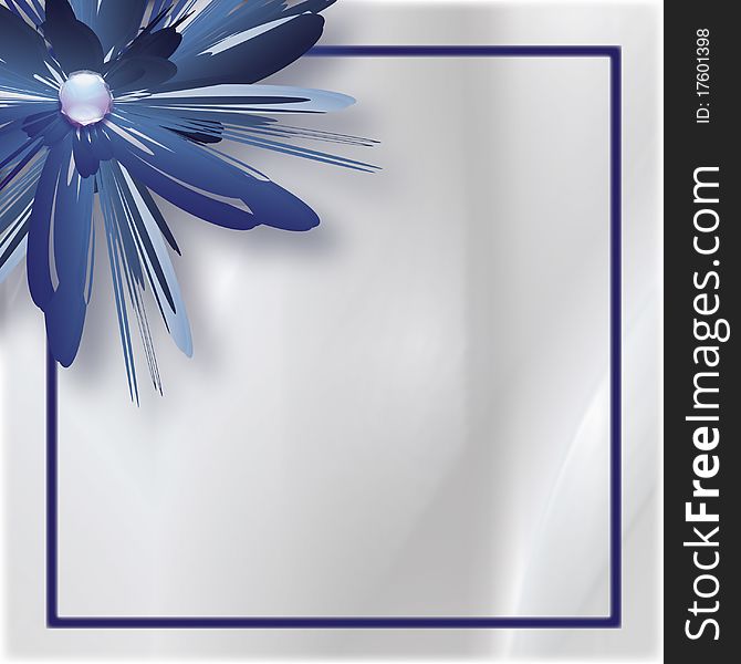 Neutral color background with a dark blue frame and an abstract blue flower in the upper left corner. Neutral color background with a dark blue frame and an abstract blue flower in the upper left corner