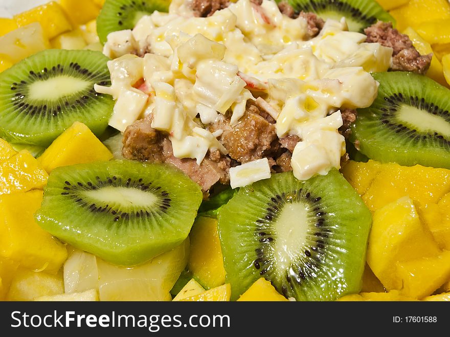 Tropical fruit salad and cheese. Tropical fruit salad and cheese