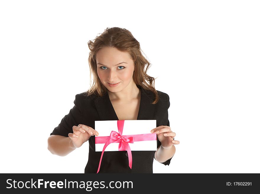 Young woman with a greeting card. Business woman.