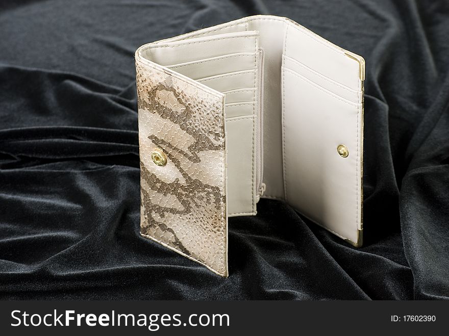 A horizontal image of a ladies snakeskin purse open and standing on black velvet