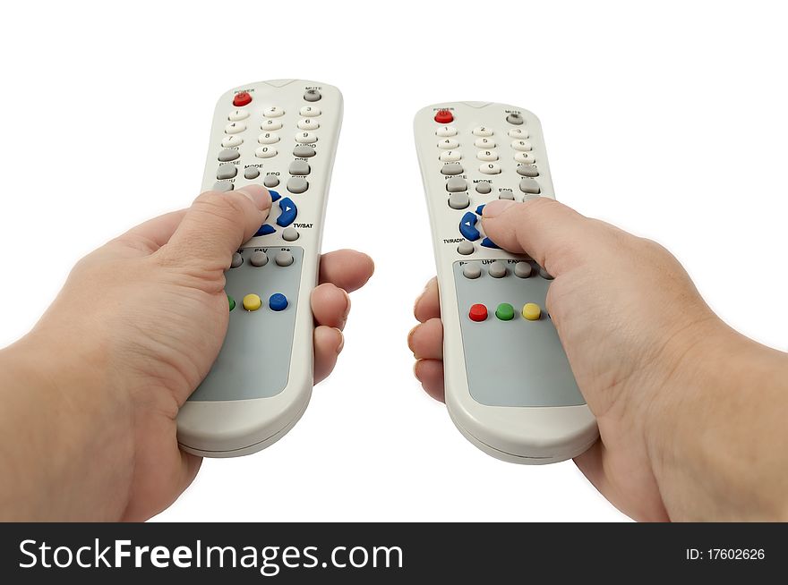 TV remote in hand on white background