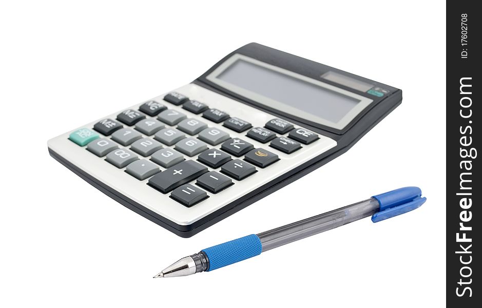 Calculator and a pen on a white background