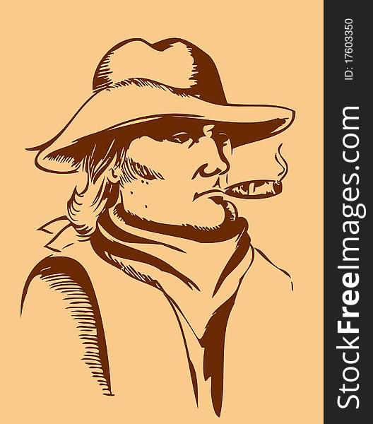 Portrait of man with cigarette and hat.Vector graphic