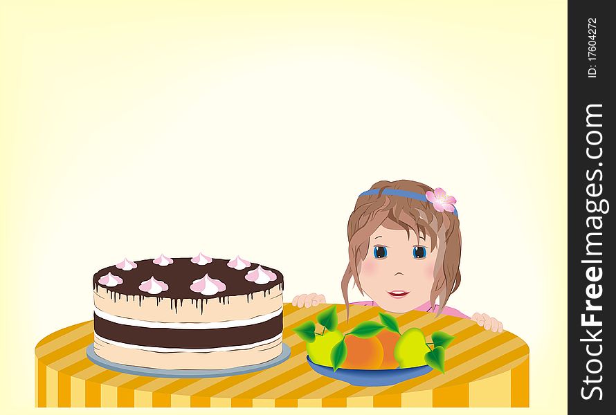 Little girl happily looks at the birthday cake on the table. Little girl happily looks at the birthday cake on the table