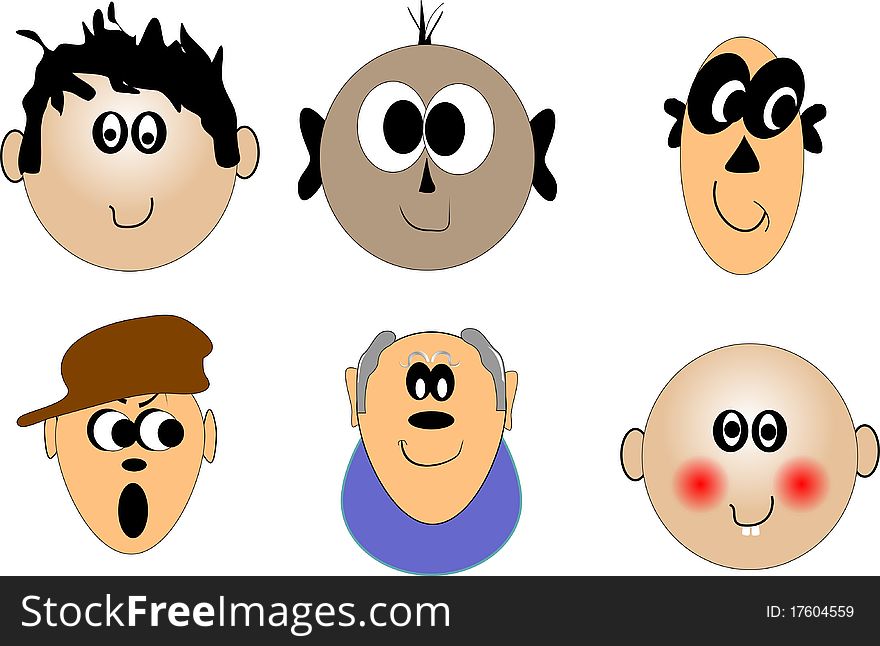 Faces of people in various ages in cartoon format on white. Faces of people in various ages in cartoon format on white