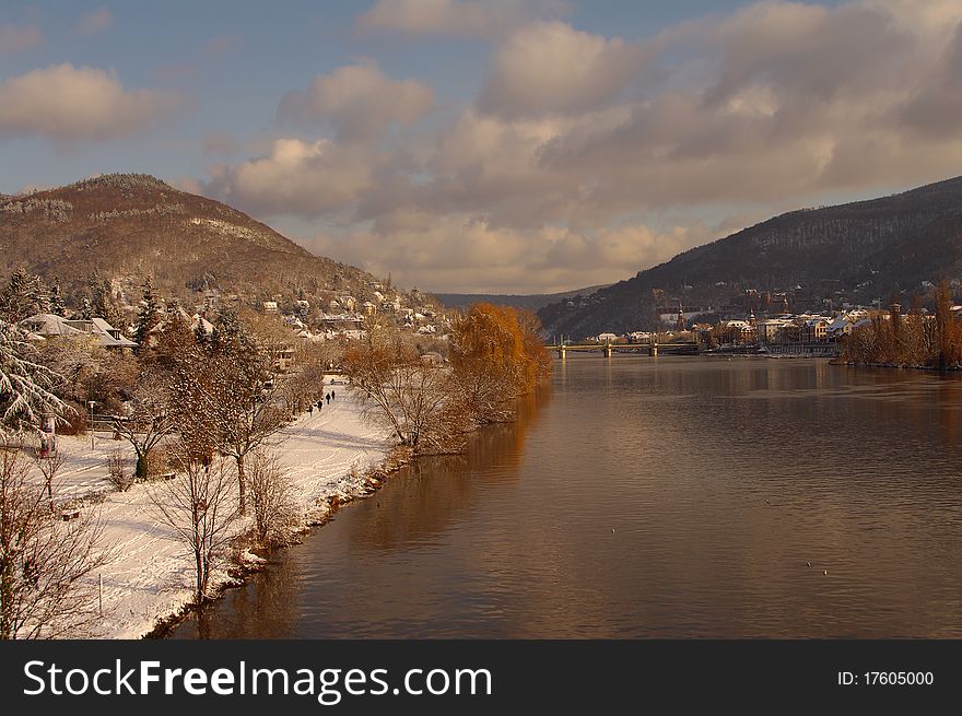 Neckar at winter, river in Heidelberg, Germany