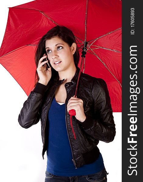 Woman On Phone Looking Up Umbrella