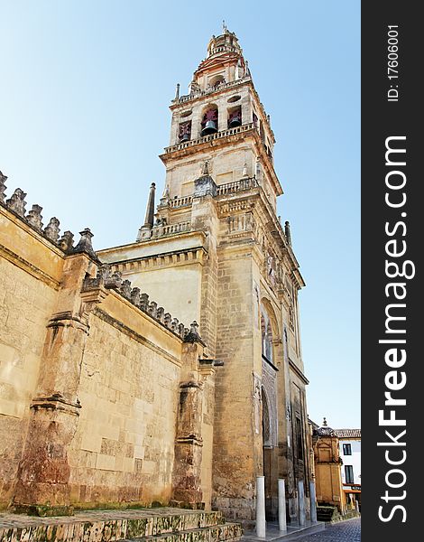 The Alminar as seen from the outside walls in the Cathedral Mosque in Cordoba, Spain. The Alminar as seen from the outside walls in the Cathedral Mosque in Cordoba, Spain