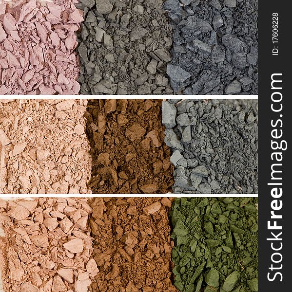 Different shades of crumbled eye shadows photographed separately then combined in Photoshop