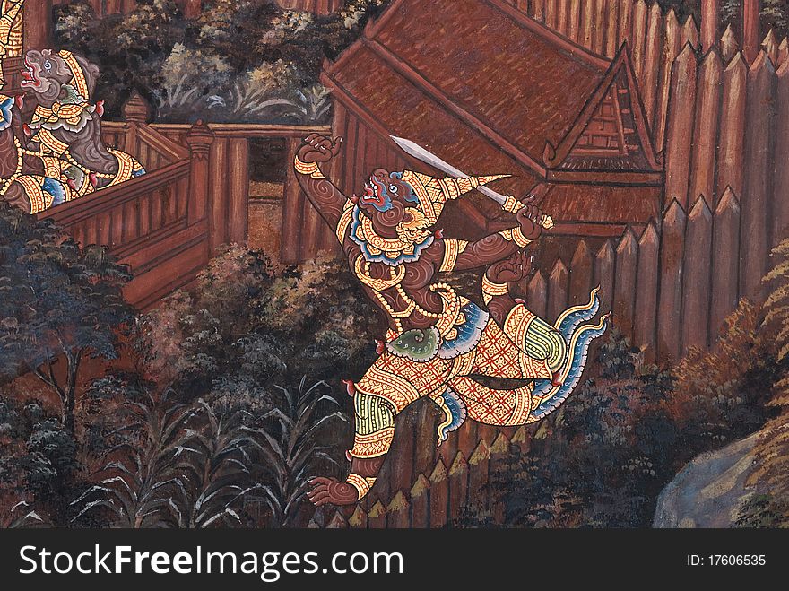 Masterpiece of traditional Thai style painting art on temple wall at Bangkok,Thailand