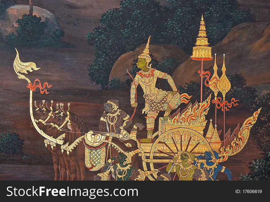 Masterpiece of traditional Thai style painting art on temple wall at Bangkok,Thailand