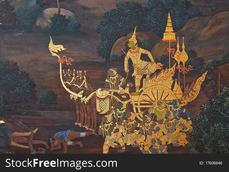 Masterpiece of traditional Thai style painting art on temple wall at Bangkok,Thailand