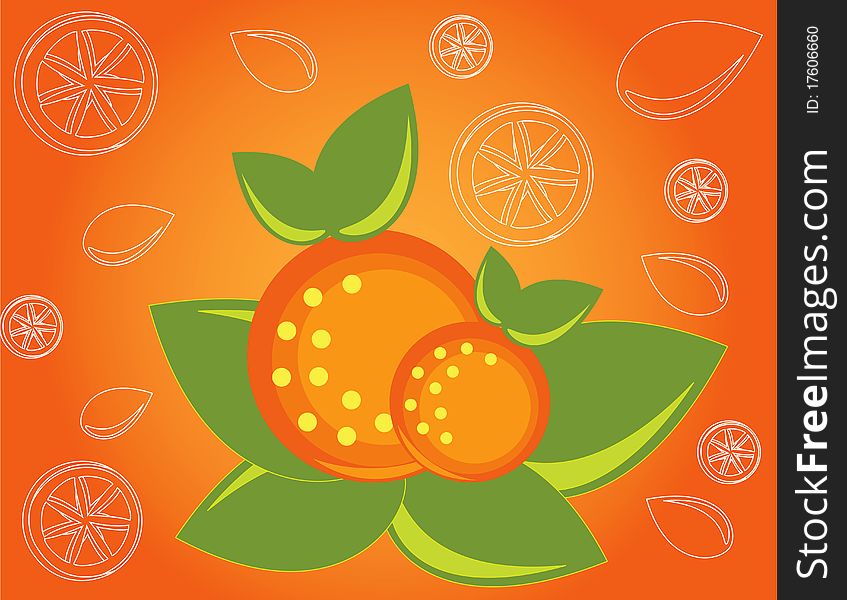 Abstract fruit Illustration  orange background green leaf