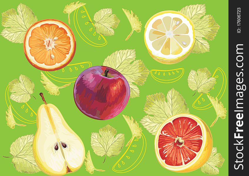 Abstract fruit Illustration orange pear lemon grapefruit apple green background green leaf. Abstract fruit Illustration orange pear lemon grapefruit apple green background green leaf