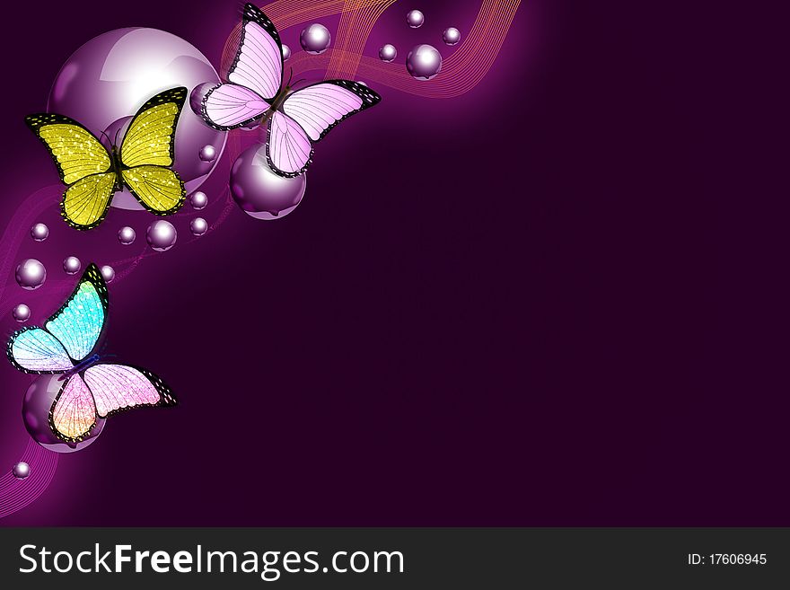 Three butterflies and balls abstract background