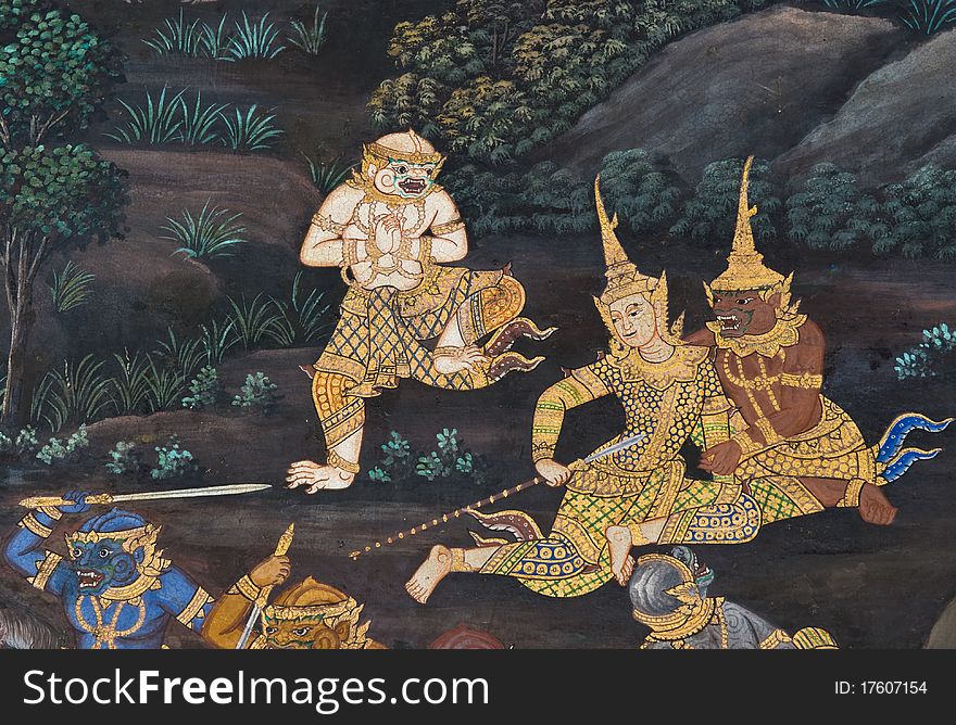 Masterpiece of traditional Thai style painting art on temple wall at Bangkok,Thailand