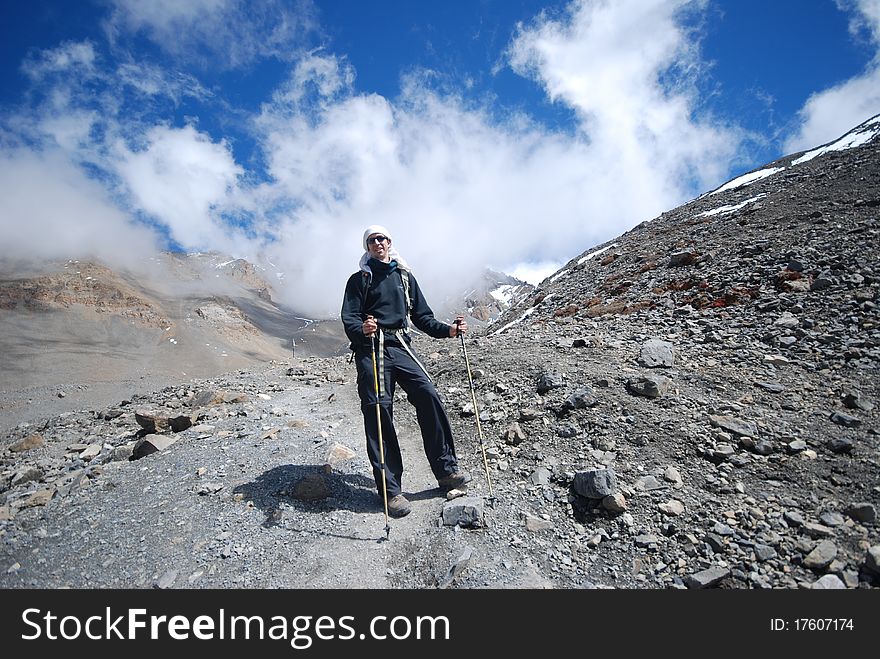 Backpacker in the mountains of Nepal