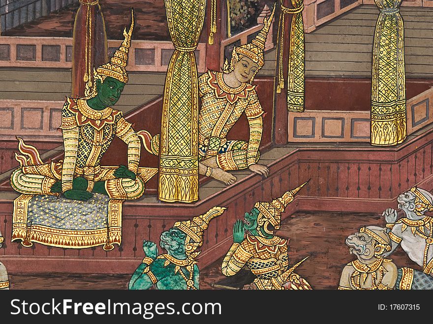 Masterpiece of traditional Thai style painting art on temple wall at Bangkok,Thailand