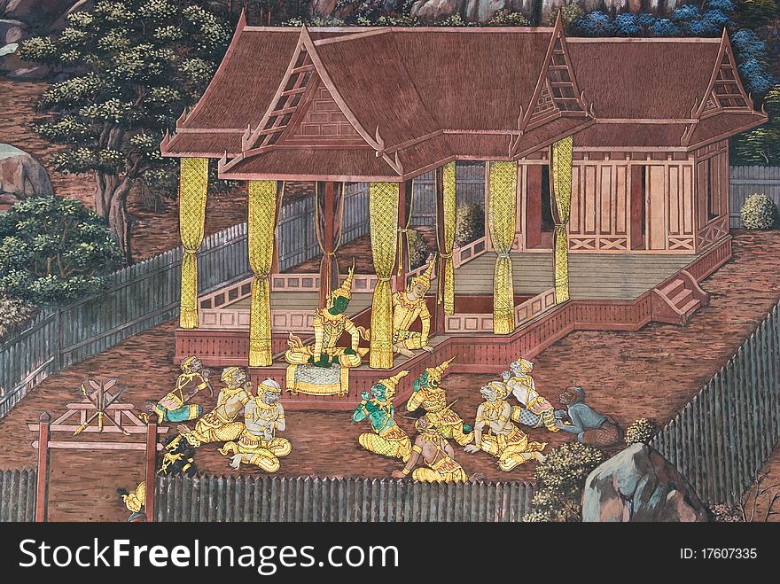 Masterpiece of traditional Thai style painting art on temple wall at Bangkok,Thailand