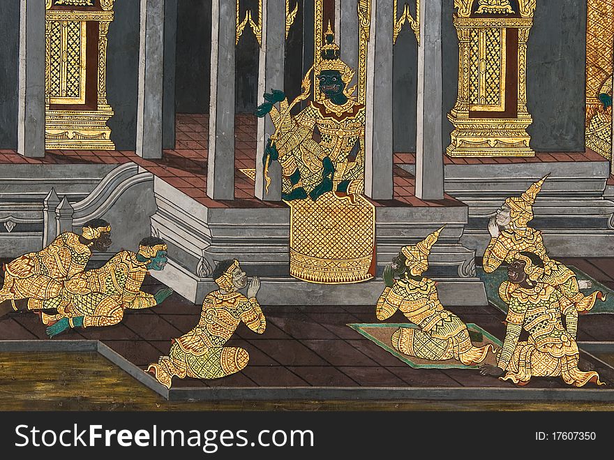 Masterpiece of traditional Thai style painting art  on temple wall at  Bangkok,Thailand