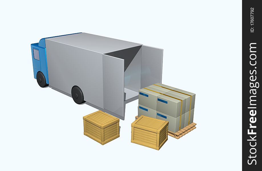 3d rendered image of chest and truck on white