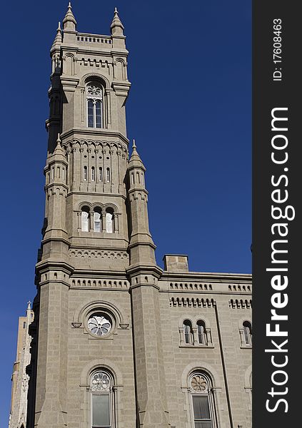 Masonic temple's bell tower, with a clear blue sky