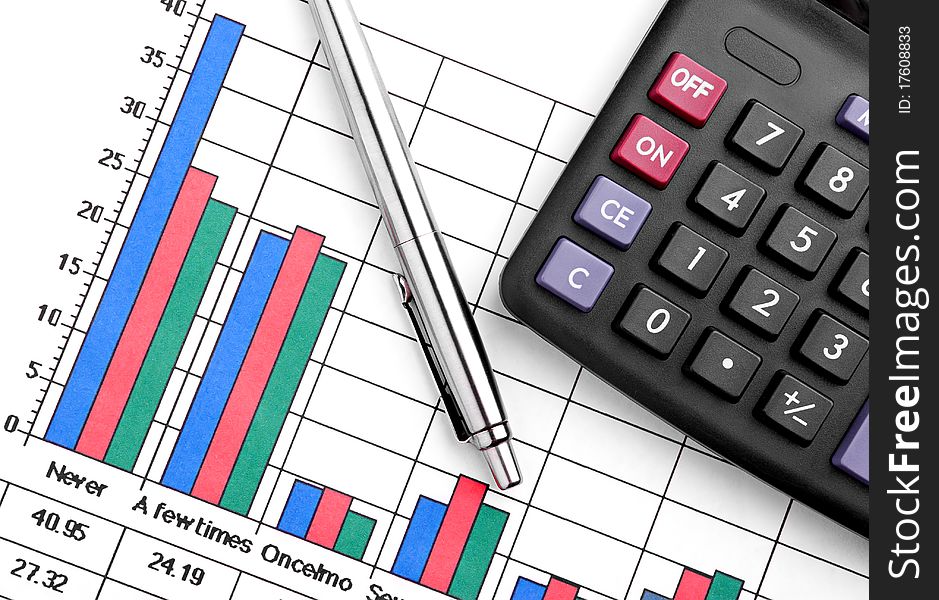 Financial graphic ,pen and calculator. Financial graphic ,pen and calculator